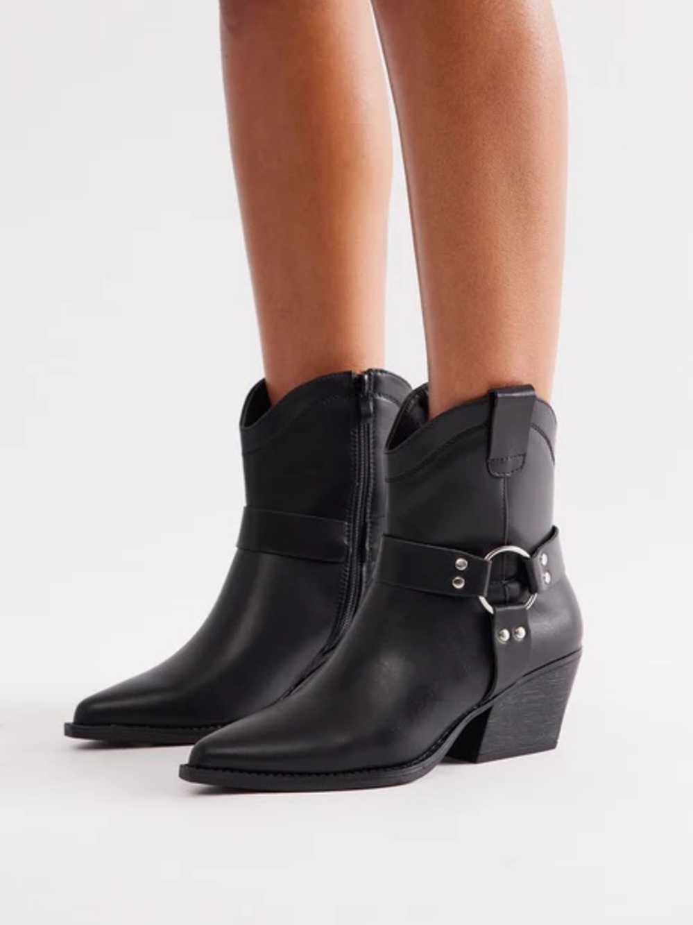 NIB Pointed Toe Black Western Ankle Boots with Buckle Strap